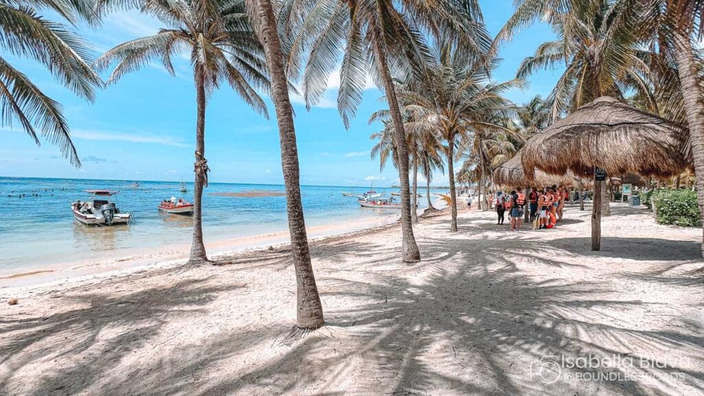 Sandy beach with palm trees by turquoise water. Boats float nearby. People gather under palm-made canopies. Clear sky, relaxing tropical atmosphere.