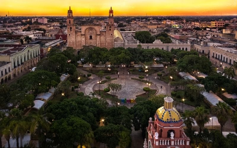 Merida plaza aerial view at sunset