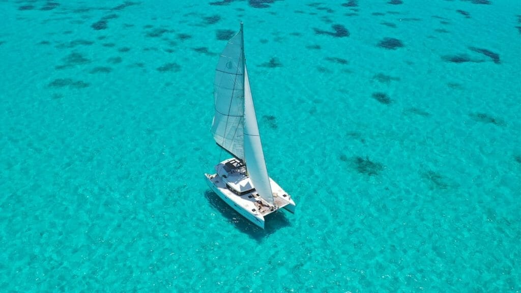 Catamaran in the middle of blue sea