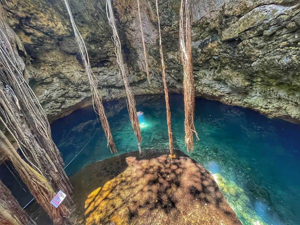 A serene cenote with turquoise water and hanging roots, surrounded by rock formations. A person floats quietly, enjoying the tranquil natural setting.