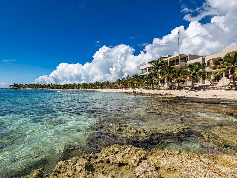 A clear blue sea meets a rocky shore; palm trees and buildings line the sandy beach. A person walks along the water's edge.
