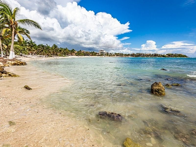 A serene beach scene with clear turquoise water, palm trees, and a distant building under a vast, cloudy sky. No people present.