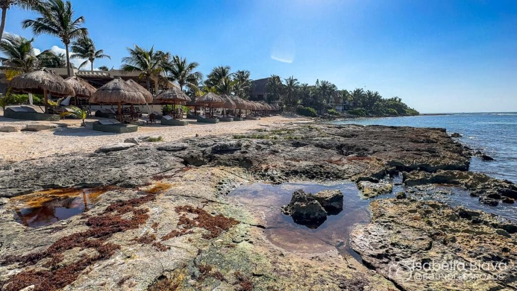A rocky shoreline with thatched huts and palm trees, leading to a sandy beach beside the sea, under a clear blue sky.