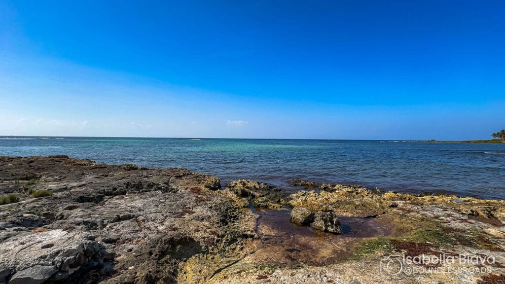 Rocky shoreline meets clear blue ocean under a bright sky. No landmarks or people present. Peaceful and natural coastal scene.