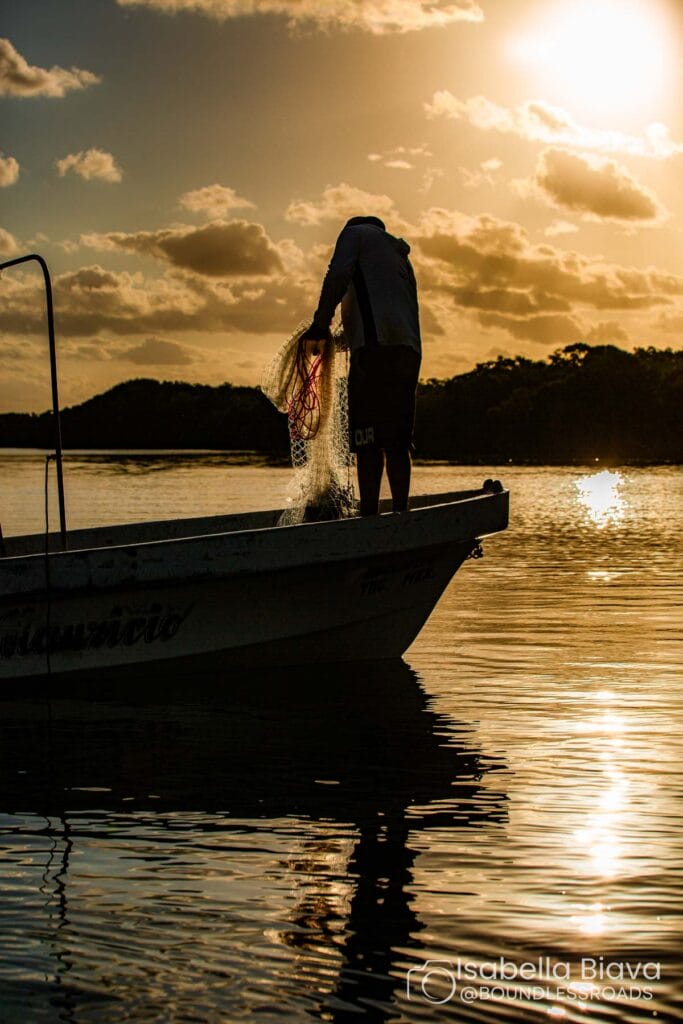 A person is casting a net from a boat during a serene sunrise, with calm waters and backlit clouds reflecting golden hues.