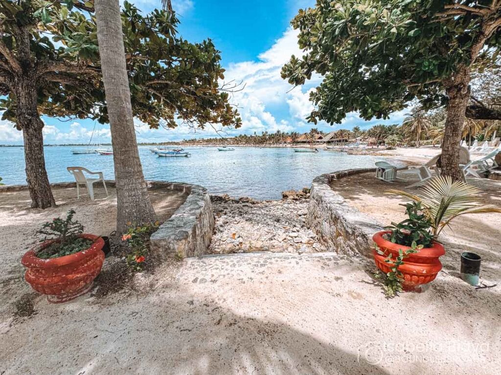 A serene beach scene with trees, red flower pots, scattered chairs, and a view of fishing boats on a tranquil, clear ocean under blue skies.