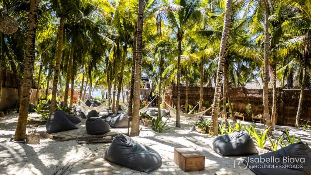 A tropical setting with palm trees, hammock, and bean bags on sandy ground, creating a relaxed and inviting atmosphere.