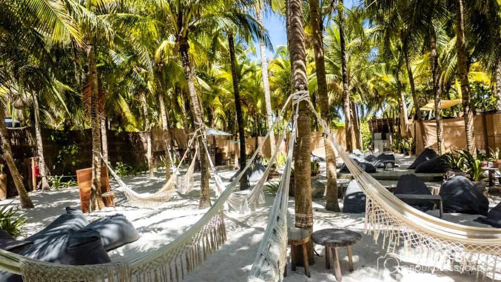A tropical beach scene filled with hammocks and bean bags under coconut trees, featuring sandy ground and vibrant greenery, creating a relaxing atmosphere.